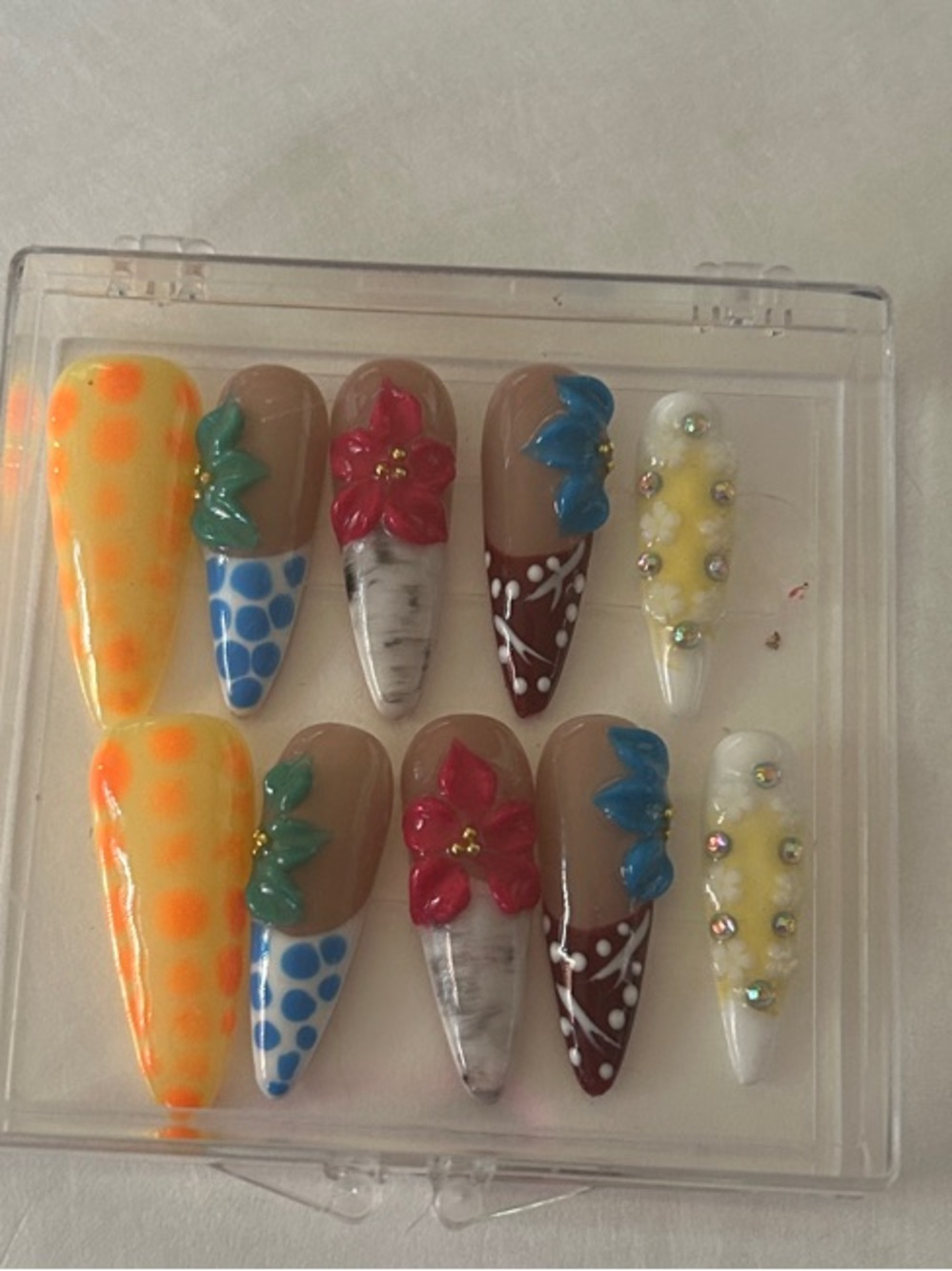 Assorted Hand-Painted Press-On Nails – Neon Orange, Blue, Red, Yellow Accents